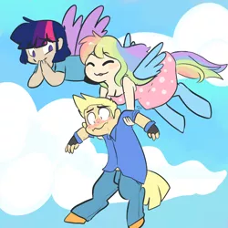 Size: 1000x1001 | Tagged: artist:mt, cloud, derpibooru import, flying, friendship, nervous, oc, oc:orion, oc:prism, oc:rory, oc:utah, parent:applejack, parent:rainbow dash, parent:twilight sparkle, safe, satyr, unofficial characters only