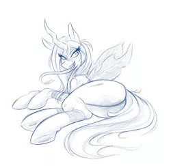 Size: 4200x4080 | Tagged: suggestive, artist:ambris, derpibooru import, queen chrysalis, changeling, changeling queen, absurd resolution, bugbutt, fangs, female, horn, long tongue, looking back, lying down, monochrome, open mouth, plot, simple background, sketch, smiling, solo, solo female, stupid sexy chrysalis, tongue out, underhoof, white background, wings