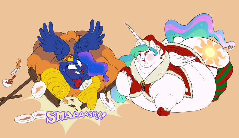 Size: 3942x2278 | Tagged: questionable, artist:mellowhen, derpibooru import, princess celestia, princess luna, alicorn, pony, turkey, animal costume, ass, belly, blushing, christmas, chubby cheeks, chubbylestia, clothes, costume, earthbound, fat, food, garters, hat, hearth's warming, holiday, impossibly large belly, morbidly obese, obese, plates, princess moonpig, royal fitness, santa costume, santa hat, stockings, sunbutt, table, thanksgiving, thigh highs, turkey costume