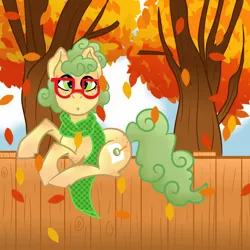 Size: 4000x4000 | Tagged: artist:kiwiscribbles, autumn, clothes, curly hair, curly mane, derpibooru import, fence, freckles, glasses, leaves, oc, oc:kiwi scribbles, safe, scarf, solo, tree, unofficial characters only