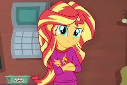 Size: 6000x4000 | Tagged: safe, artist:spottedlions, derpibooru import, sunset shimmer, equestria girls, absurd resolution, clothes, crossed arms, cute, female, looking at you, pajamas, shimmerbetes, smiling, solo, sunset's apartment