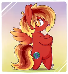 Size: 1778x1932 | Tagged: safe, artist:dsp2003, derpibooru import, oc, oc:sky flare, unofficial characters only, pegasus, pony, semi-anthro, bipedal, chibi, crossed hooves, female, mare, piercing, raspberry, simple background, smiling, solo, style emulation, tongue out, wing piercing