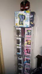 Size: 1872x3328 | Tagged: bedroom, brushable, collection, derpibooru import, derpy hooves, discord, doctor whooves, fluttershy, funko, irl, mask, photo, pinkie pie, rainbow dash, rey mysterio, safe, san diego comic con, sdcc 2013, shelf, time turner, toy, vinyl scratch