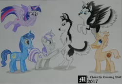 Size: 4025x2769 | Tagged: alicorn, artist:mrchaosthecunningwlf, artist:ponyvillechaos577, derpibooru import, family, handshake, husky, meeting, night light, oc, oc:frost cloud, oc:memphis frost, oc:sheila cloud, parents:canon x oc, safe, strong, traditional art, twifrost, twilight sparkle, twilight sparkle (alicorn), twilight velvet