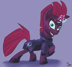 Size: 2324x2160 | Tagged: safe, artist:sintakhra, derpibooru import, tempest shadow, pony, unicorn, my little pony: the movie, broken horn, evil grin, eye scar, female, grin, happy, horn, looking at you, mare, pretty pretty tempest, raised hoof, scar, scary face, silly little ponies, smiling, solo, sparking horn