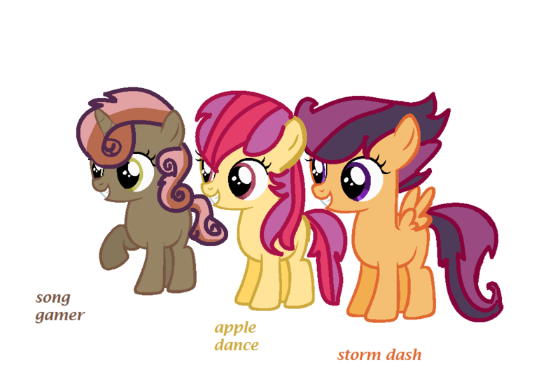 Size: 1080x718 | Tagged: artist:lynnqueenofsports, derpibooru import, next generation, oc, oc:apple dance, oc:song gamer, oc:storm dash, offspring, parent:apple bloom, parent:button mash, parent:rumble, parent:scootaloo, parents:rumbloo, parents:sweetiemash, parents:tenderbloom, parent:sweetie belle, parent:tender taps, safe, unofficial characters only