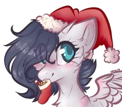 Size: 800x705 | Tagged: artist:monogy, bust, christmas, christmas stocking, derpibooru import, dracony, hat, holiday, hybrid, mouth hold, oc, oc:monogy, portrait, safe, santa hat, simple background, solo, transparent background, unofficial characters only