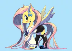 Size: 1447x1020 | Tagged: safe, artist:unousaya, derpibooru import, fluttershy, pegasus, pony, blushing, bow, bowtie, clothed ponies, clothes, cute, ear piercing, earring, female, jewelry, long mane, looking at you, mare, piercing, shirt, shoes, shyabetes, skirt, smiling, socks, solo, spread wings, thigh highs, wings, zettai ryouiki