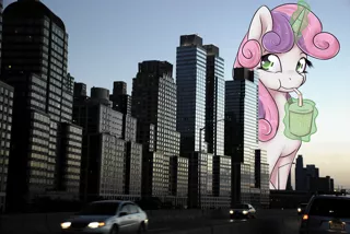 Size: 1920x1285 | Tagged: safe, artist:alasou, deleted from derpibooru, derpibooru import, sweetie belle, pony, city, giant pony, irl, macro, mega sweetie belle, photo, ponies in real life, solo