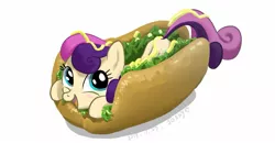 Size: 1473x767 | Tagged: safe, artist:soshyqqq, derpibooru import, bon bon, sweetie drops, earth pony, pony, adorabon, blushing, bonpun, cute, female, food, happy, hot dog, looking at you, looking up, mare, meat, open mouth, prone, pun, sausage, sausage pony, simple background, smiling, white background
