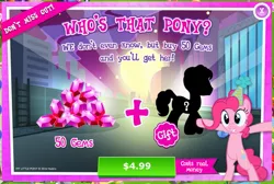 Size: 937x630 | Tagged: safe, derpibooru import, official, pinkie pie, earth pony, pony, advertisement, bipedal, costs real money, female, gameloft, gem, greed, greedloft, hat, mare, mysterious pony, party hat, silhouette, unidentified pony