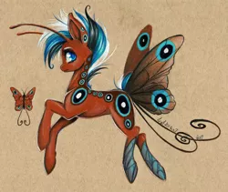 Size: 900x758 | Tagged: antennae, artist:divinekitten, brown background, butterfly, butterfly pony, butterfly wings, closed species, derpibooru import, female, flying, mare, oc, original species, safe, simple background, solo, traditional art, unofficial characters only