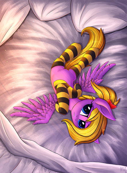 Size: 1726x2345 | Tagged: suggestive, artist:atlas-66, derpibooru import, oc, oc:sunny smiles, unofficial characters only, pegasus, pony, clothes, female, mare, socks, solo, solo female, stockings, striped socks, thigh highs