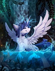 Size: 1930x2500 | Tagged: safe, artist:yakovlev-vad, derpibooru import, oc, oc:prince nova, unofficial characters only, alicorn, pony, alicorn oc, chest fluff, eyes closed, male, raised hoof, showering, smiling, solo, spread wings, stallion, water, waterfall, waterfall shower, wet mane, wings