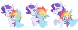 Size: 1981x762 | Tagged: safe, artist:xenon, derpibooru import, rainbow dash, rarity, pegasus, pony, unicorn, blushing, curved horn, cute, ear fluff, eyes closed, female, floppy ears, heart, kissing, lesbian, looking away, mare, no pupils, one eye closed, raridash, shipping, simple background, smiling, sweat, tongue out, tsunderainbow, tsundere, white background