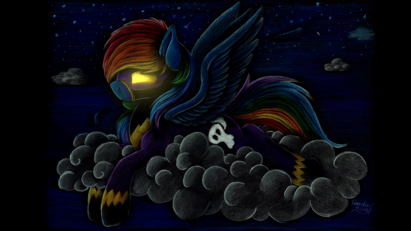 Size: 1920x1080 | Tagged: safe, artist:julunis14, derpibooru import, rainbow dash, pegasus, pony, clothes, cloud, costume, female, glowing eyes, goggles, mare, night, shadowbolts costume, solo, stars, traditional art