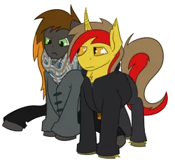 Size: 5328x4856 | Tagged: safe, artist:unpeeledwasp, derpibooru import, oc, oc:caz, oc:gearlock, unofficial characters only, pegasus, pony, unicorn, absurd resolution, clothes, coat, scarf, simple background, transparent background