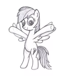 Size: 900x1050 | Tagged: safe, artist:m.w., derpibooru import, rainbow dash, pegasus, pony, bipedal, cute, dashabetes, female, hugs?, incoming hug, mare, monochrome, open arms, simple background, sketch, smiling, solo, white background