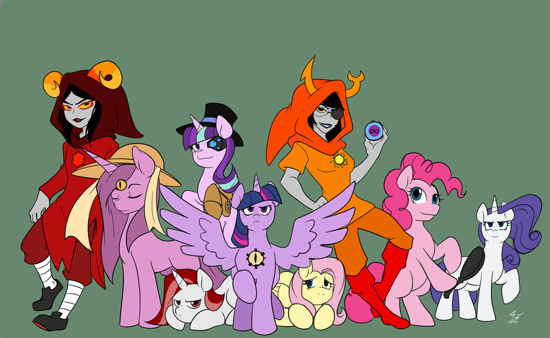 Size: 2808x1728 | Tagged: source needed, safe, artist:tabula-rasa, derpibooru import, fluttershy, pinkie pie, rarity, starlight glimmer, twilight sparkle, twilight sparkle (alicorn), oc, alicorn, cyborg, earth pony, pegasus, pony, unicorn, fanfic, fanfic:songs of the spheres, aradia megido, crossover, fanfic art, fanfic:the influence, frying pan, homestuck, twilence, vriska serket