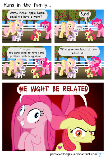 Size: 1336x2000 | Tagged: safe, artist:perplexedpegasus, derpibooru import, apple bloom, fluttershy, pinkie pie, sweetie belle, earth pony, pegasus, pony, unicorn, comic, contemplating insanity, family, misspelling, pinkamena diane pie, snapple bloom