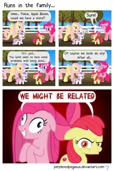 Size: 1336x2000 | Tagged: safe, artist:perplexedpegasus, derpibooru import, apple bloom, fluttershy, pinkie pie, sweetie belle, earth pony, pegasus, pony, unicorn, comic, contemplating insanity, family, misspelling, pinkamena diane pie, snapple bloom