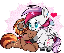 Size: 1803x1483 | Tagged: safe, artist:xwhitedreamsx, derpibooru import, oc, oc:ramshackle, oc:rouge swirl, unofficial characters only, earth pony, pegasus, pony, blushing, chibi, colt, commission, cute, duo, ear piercing, eyes closed, female, filly, foal, goggles, heart, hug, male, ocbetes, piercing, simple background, transparent background, ych result