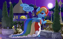 Size: 1301x800 | Tagged: suggestive, artist:pusspuss, derpibooru import, part of a set, rainbow dash, pegasus, pony, comic:rainbow dash and you attend the gala, balcony, bedroom eyes, clothed ponies, clothes, comic, dialogue, dress, explicit source, female, gala dress, looking at you, mare, moon, night, open mouth, patreon, patreon logo, sexy, silhouette, solo, solo female, speech bubble, stupid sexy rainbow dash, talking to viewer