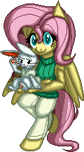 Size: 120x218 | Tagged: angel bunny, anthro, artist:enzomersimpsons, clothes, derpibooru import, fluttershy, holding, leaning, looking at you, pants, pixel art, safe, simple background, solo, sweater, sweatershy, sweater vest, transparent background, turtleneck, wings