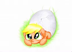 Size: 1024x744 | Tagged: safe, artist:rurihal, derpibooru import, part of a set, applejack, earth pony, pony, blank flank, cute, egg, female, filly, floppy ears, grass, hatching, jackabetes, looking at you, looking up, prone, solo, traditional art, younger