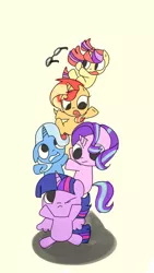 Size: 1080x1920 | Tagged: safe, artist:andromedasparkz, derpibooru import, moondancer, starlight glimmer, sunset shimmer, trixie, twilight sparkle, twilight sparkle (alicorn), alicorn, pony, unicorn, chibi, counterparts, cute, dancerbetes, diatrixes, falling, female, filly, filly moondancer, filly starlight glimmer, filly sunset shimmer, filly trixie, filly twilight sparkle, glasses, glimmerbetes, jenga, looking down, looking up, magical quartet, magical quintet, magical trio, mare, one eye closed, open mouth, pony pile, shimmerbetes, simple background, tower of pony, twiabetes, twilight's counterparts, white background, younger