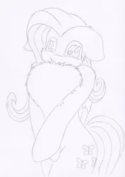 Size: 1024x1450 | Tagged: safe, artist:rurihal, derpibooru import, fluttershy, pegasus, pony, bipedal, chest fluff, floppy ears, fluffershy, folded wings, grayscale, impossibly large chest fluff, lineart, monochrome, pencil drawing, pose, simple background, solo, traditional art, wings