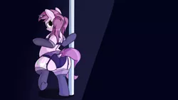 Size: 2880x1620 | Tagged: suggestive, artist:andelai, derpibooru import, oc, oc:mulberry tart, unofficial characters only, pony, unicorn, bipedal, chubby, clothes, dock, female, garter belt, lingerie, looking back, mare, panties, plot, pole dancing, ponytail, simple background, socks, solo, stockings, stripper pole, the ass was fat, thigh highs, underhoof, underwear