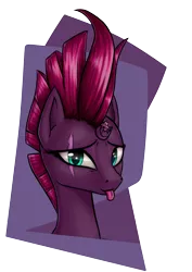 Size: 2893x4092 | Tagged: safe, artist:koshakevich, derpibooru import, tempest shadow, pony, unicorn, my little pony: the movie, :p, absurd resolution, broken horn, bust, eye scar, female, looking at you, mare, portrait, scar, silly, smiling, solo, tongue out, when she smiles