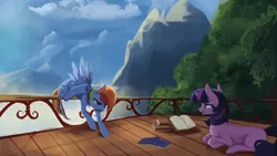 Size: 1920x1080 | Tagged: safe, artist:hierozaki, derpibooru import, rainbow dash, twilight sparkle, pegasus, pony, unicorn, applebuck season, balcony, book, cloud, crash, duo, duo female, female, image, lying down, mare, mountain, png, rainbow crash, scene interpretation, scenery, sitting, sky, talking, tree, wings