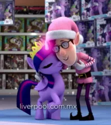 Size: 851x960 | Tagged: safe, derpibooru import, spike, twilight sparkle, twilight sparkle (alicorn), alicorn, dragon, elf, human, my little pony: the movie, cgi, christmas, christmas outfit, commercial, crossover, crossover shipping, hide yo waifus, holiday, hug, jewelry, liverpool, mexico, shipping, tiara, toy, youtube