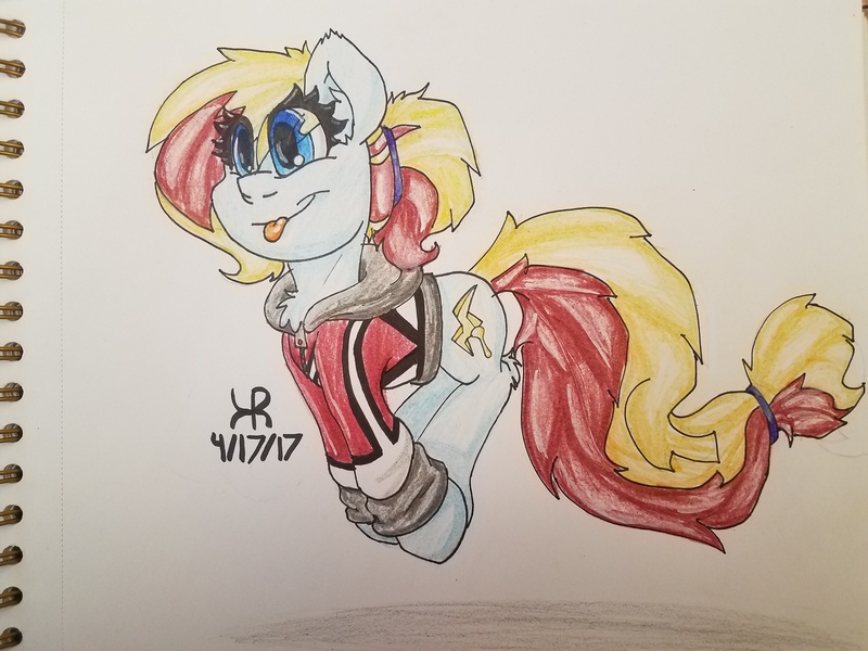 Size: 4032x3024 | Tagged: safe, artist:ask-miss-awesome-arts, derpibooru import, oc, oc:honey wound, unofficial characters only, earth pony, pony, pronking, raspberry, smiling, solo, tongue out, traditional art