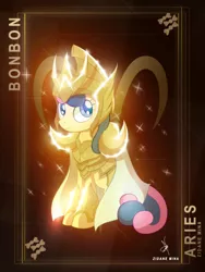 Size: 3161x4200 | Tagged: safe, artist:zidanemina, derpibooru import, bon bon, sweetie drops, earth pony, pony, aries, armor, crossover, female, gold cloth, gold saint, helmet, horoscope, mare, saint seiya, sitting, smiling, solo, zodiac