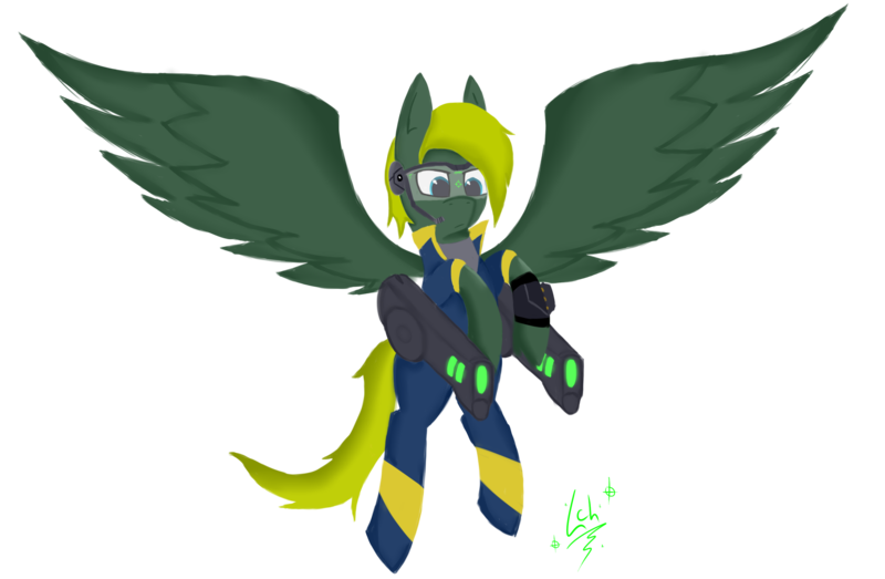 Size: 2777x1817 | Tagged: safe, artist:lacunah, derpibooru import, oc, oc:crestfallen, unofficial characters only, pony, fallout equestria, clothes, plasma gun, solo, vault suit