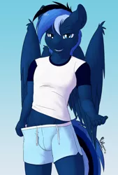 Size: 1400x2066 | Tagged: anthro, artist:punk-pegasus, bedroom eyes, clothes, derpibooru import, male, oc, oc:auron, shorts, solo, solo male, suggestive, undressing, unofficial characters only