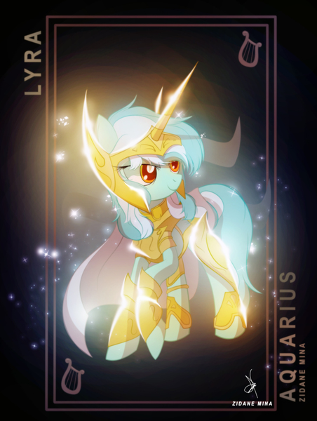 Size: 3161x4200 | Tagged: safe, artist:zidanemina, derpibooru import, lyra heartstrings, pony, unicorn, absurd resolution, aquarius, armor, background pony, crossover, female, gold cloth, gold saint, mare, saint seiya, solo, zodiac