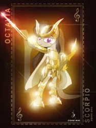 Size: 3161x4200 | Tagged: safe, artist:zidanemina, derpibooru import, octavia melody, pony, absurd resolution, armor, bipedal, bow, cello, crossover, female, gold cloth, gold saint, helmet, hoof hold, horoscope, mare, musical instrument, saint seiya, scorpio, solo, sword, weapon, zodiac