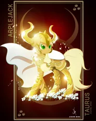 Size: 1753x2200 | Tagged: safe, artist:zidanemina, derpibooru import, applejack, earth pony, pony, armor, cape, clothes, crossover, female, frown, gold cloth, gold saint, helmet, horoscope, mare, saint seiya, solo, taurus, zodiac