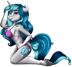 Size: 1370x1290 | Tagged: suggestive, artist:crecious, derpibooru import, oc, oc:bubble lee, unofficial characters only, anthro, unguligrade anthro, unicorn, anthro oc, armpits, bikini, body freckles, breasts, clothes, commission, female, freckles, gift art, kneeling, mare, simple background, smiling, solo, solo female, swimsuit, transparent background