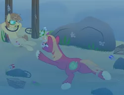 Size: 2504x1926 | Tagged: semi-grimdark, artist:pinstripe panda, derpibooru import, big macintosh, feather bangs, earth pony, pony, asphyxiation, bubble, butt, commission, crossed legs, diving goggles, drowning, fetish, goggles, imminent death, leaning back, male, murder, plot, stallion, this will end in death, underwater, vector