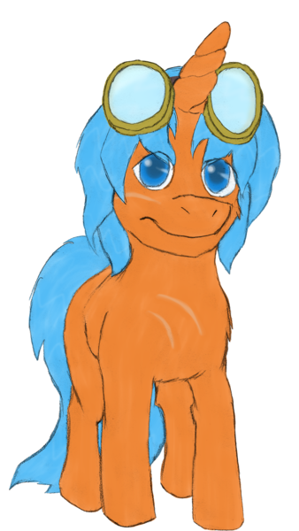 Size: 1609x2856 | Tagged: safe, artist:wesleyfoxx, derpibooru import, oc, oc:eissen, unofficial characters only, unicorn, 2018 community collab, derpibooru community collaboration, colored sketch, goggles, looking at you, simple background, smiling, solo, transparent background