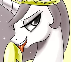 Size: 677x594 | Tagged: suggestive, artist:johnjoseco, derpibooru import, princess celestia, alicorn, pony, ask princess molestia, princess molestia, bedroom eyes, bust, drool, female, hoof licking, jewelry, licking, mare, open mouth, portrait, regalia, smiling, solo, solo female, tongue out