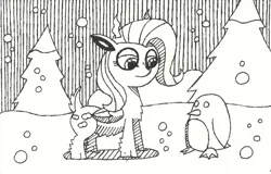 Size: 1985x1268 | Tagged: artist:eternaljonathan, deer, deerified, deer pony, derpibooru import, female, fluttershy, folded wings, looking at something, monochrome, original species, penguin, reindeer, safe, snow, snowfall, solo, species swap, traditional art, wings