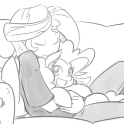 Size: 500x500 | Tagged: dead source, safe, artist:reiduran, derpibooru import, pinkie pie, sunset shimmer, pony, equestria girls, breasts, clothes, couch, eyes closed, female, grayscale, holding a pony, hug, interspecies, lesbian, looking at you, mare, monochrome, open mouth, pinkie loves bacon bits, shipping, smiling, snuggling, sunsetpie