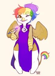 Size: 601x839 | Tagged: safe, artist:puzzlearts, derpibooru import, oc, oc:rainbow feather, unofficial characters only, anthro, gryphon, apprentice, clothes, cute, female, griffon magic, interspecies offspring, magic, magical lesbian spawn, moon, offspring, one eye closed, parent:gilda, parent:rainbow dash, parents:gildash, rainbow hair, robe, solo, wand, wink