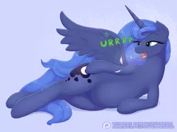 Size: 1609x1200 | Tagged: suggestive, artist:augustbebel, derpibooru import, princess luna, alicorn, pony, burp, burping up items, chubby, death, digestion, fat, female, fetish, implied princess celestia, lidded eyes, lunapred, moonbutt, patreon, post-vore, solo, solo female, vore, weight gain, wide hips